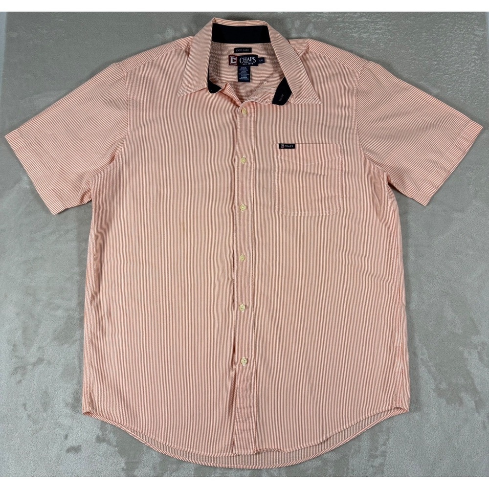 Chaps Easy Care Short Sleeve Button Down Shirt Mens Large Pink Striped